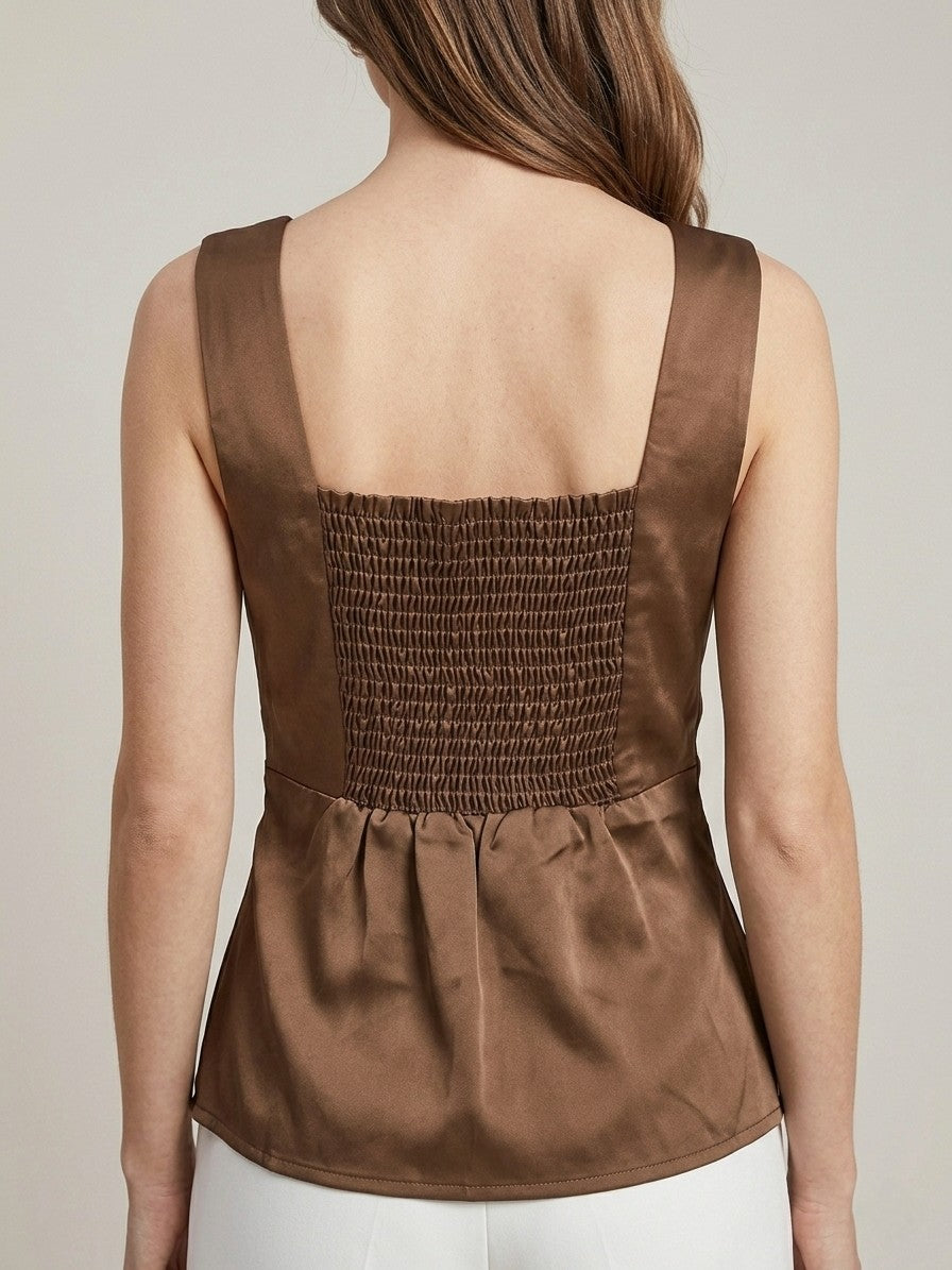 Women’s Chocolate Brown Satin Sleeveless Top – Elegant Square Neck Party Blouse