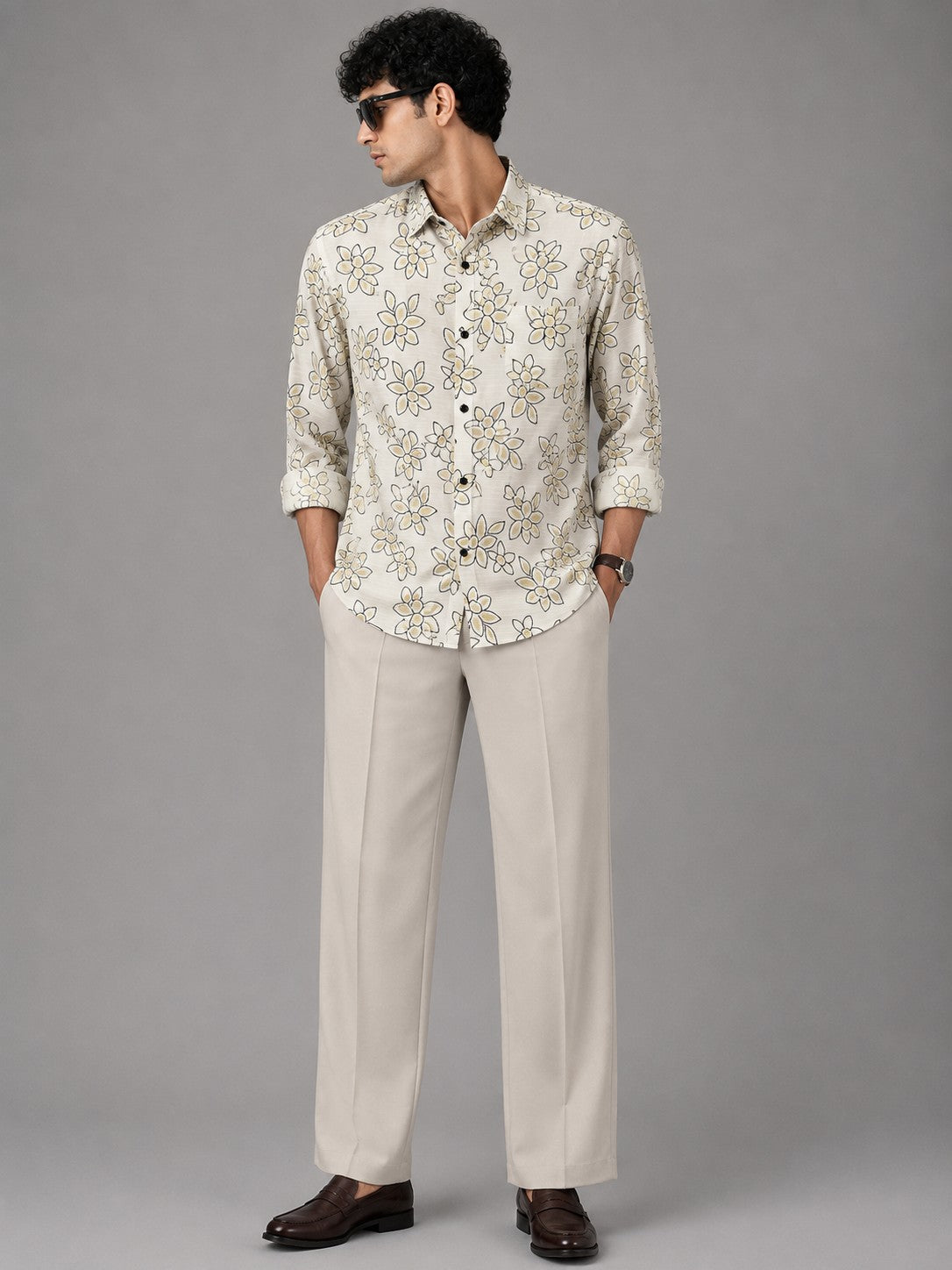 Men's Beige Floral Print Casual Shirt