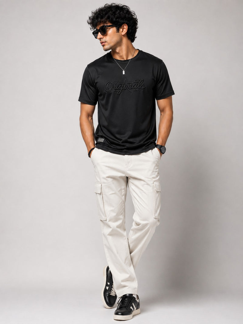 Men's Black Imported Lycra Embroidered Graphic T-Shirt