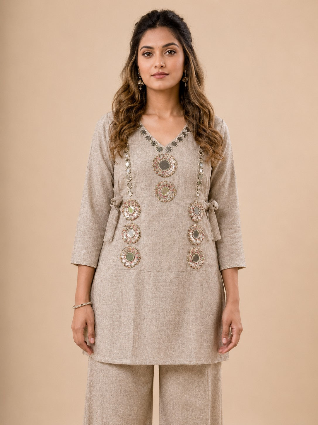 Women's Beige Embroidered Cordset