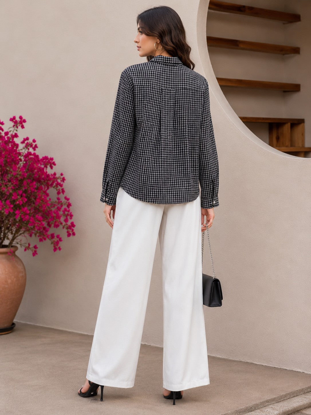 Women's Black & White Checkered Casual Shirt