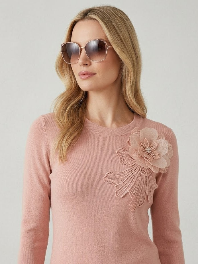 Women’s Blush Pink Floral Appliqué Knit Top – Elegant Round Neck Sweater