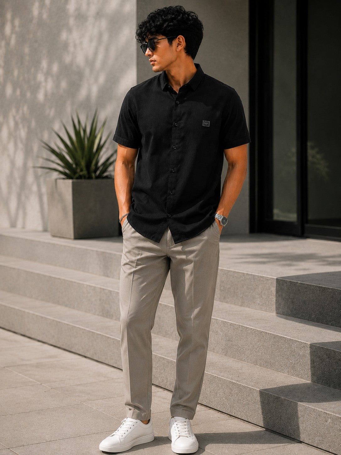 Men's Classic Black Casual Half Sleeve Shirt
