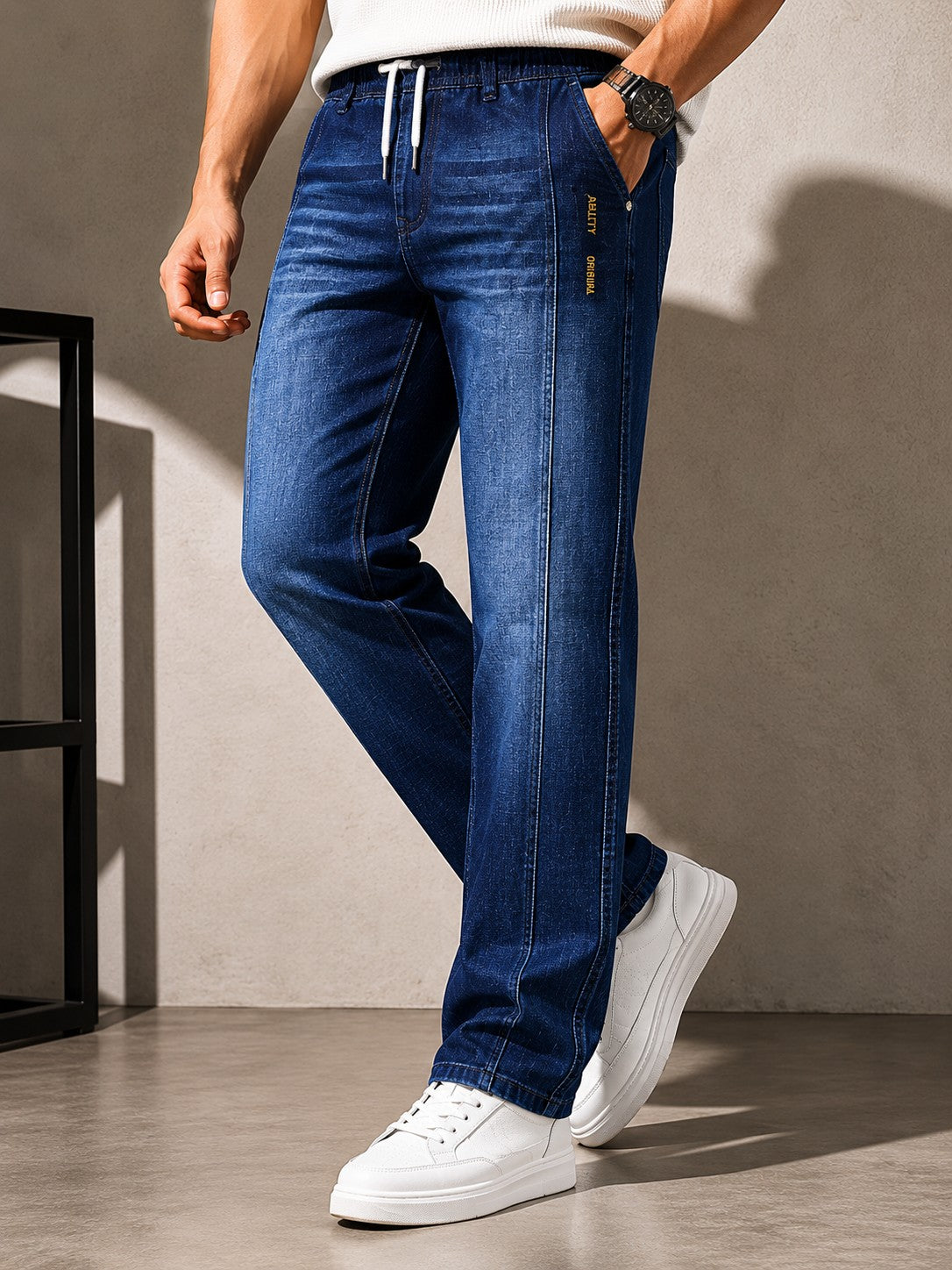 Men's Dark Blue Drawstring Comfort Fit Jeans