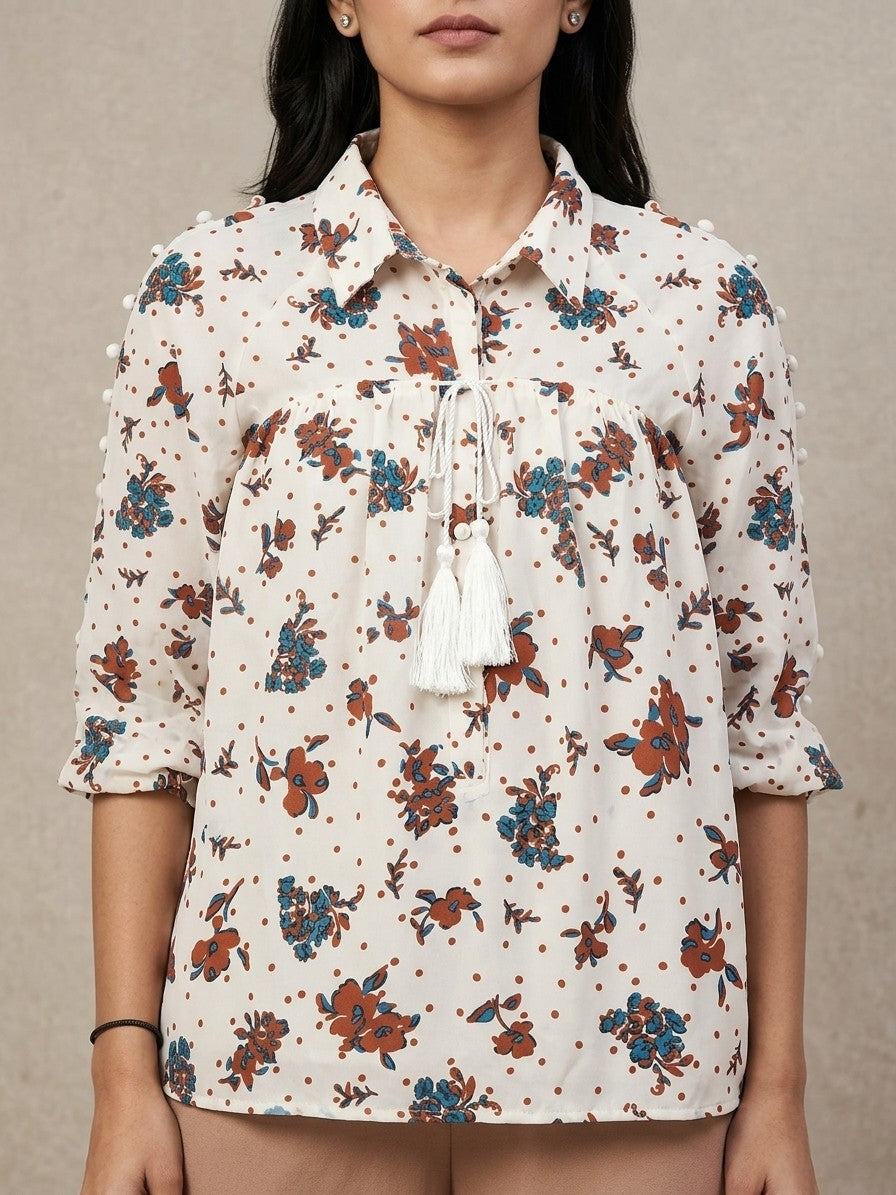 Floral Printed Tassel Tie Top