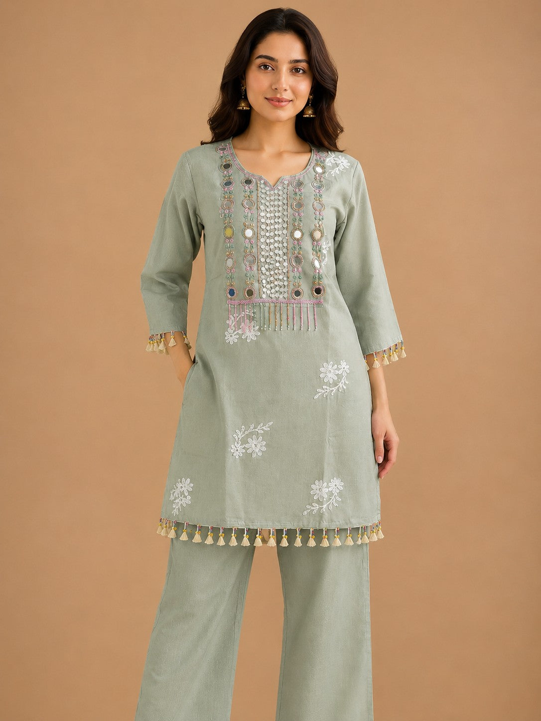 Women's Sage Green Mirror Embroidered Premium Co-ord Set