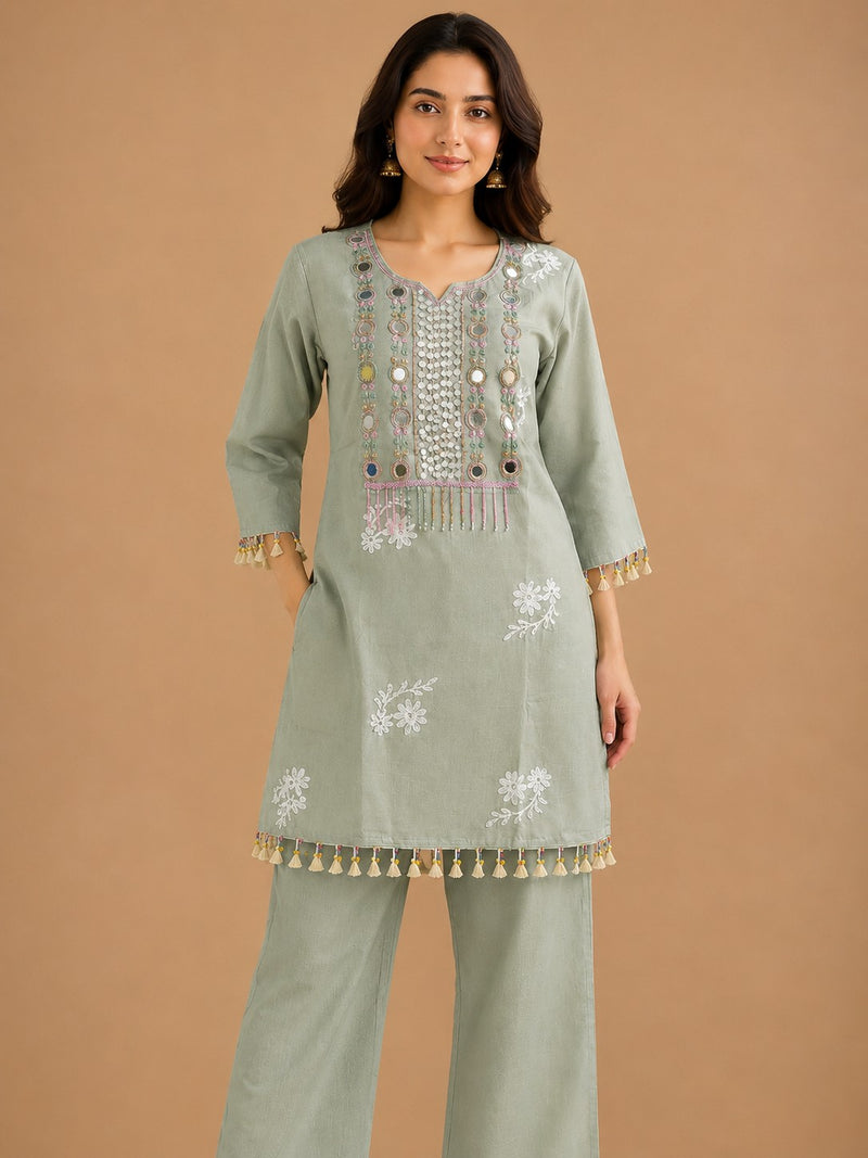 Women's Sage Green Mirror Embroidered Premium Co-ord Set