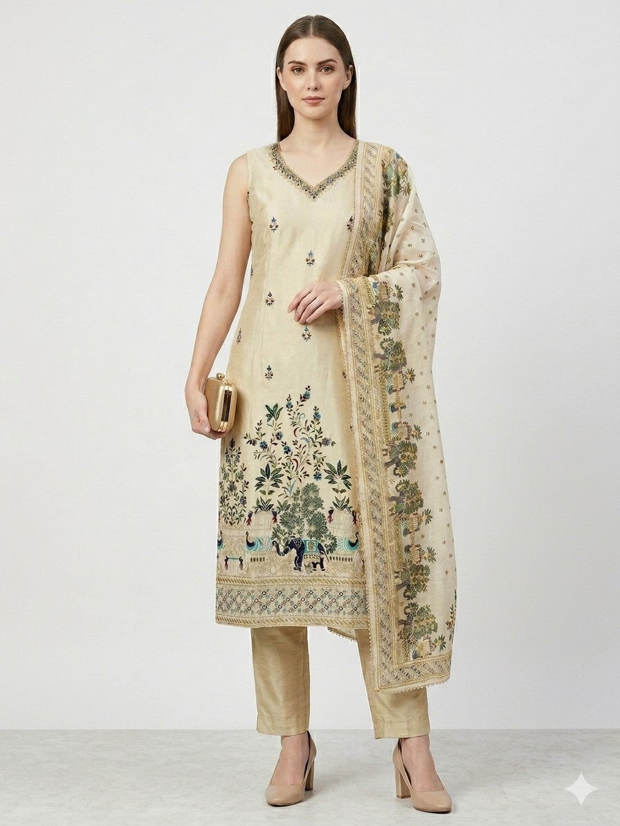 Elegant Beige Silk Blend Embroidered Kurta Set with Printed Dupatta
