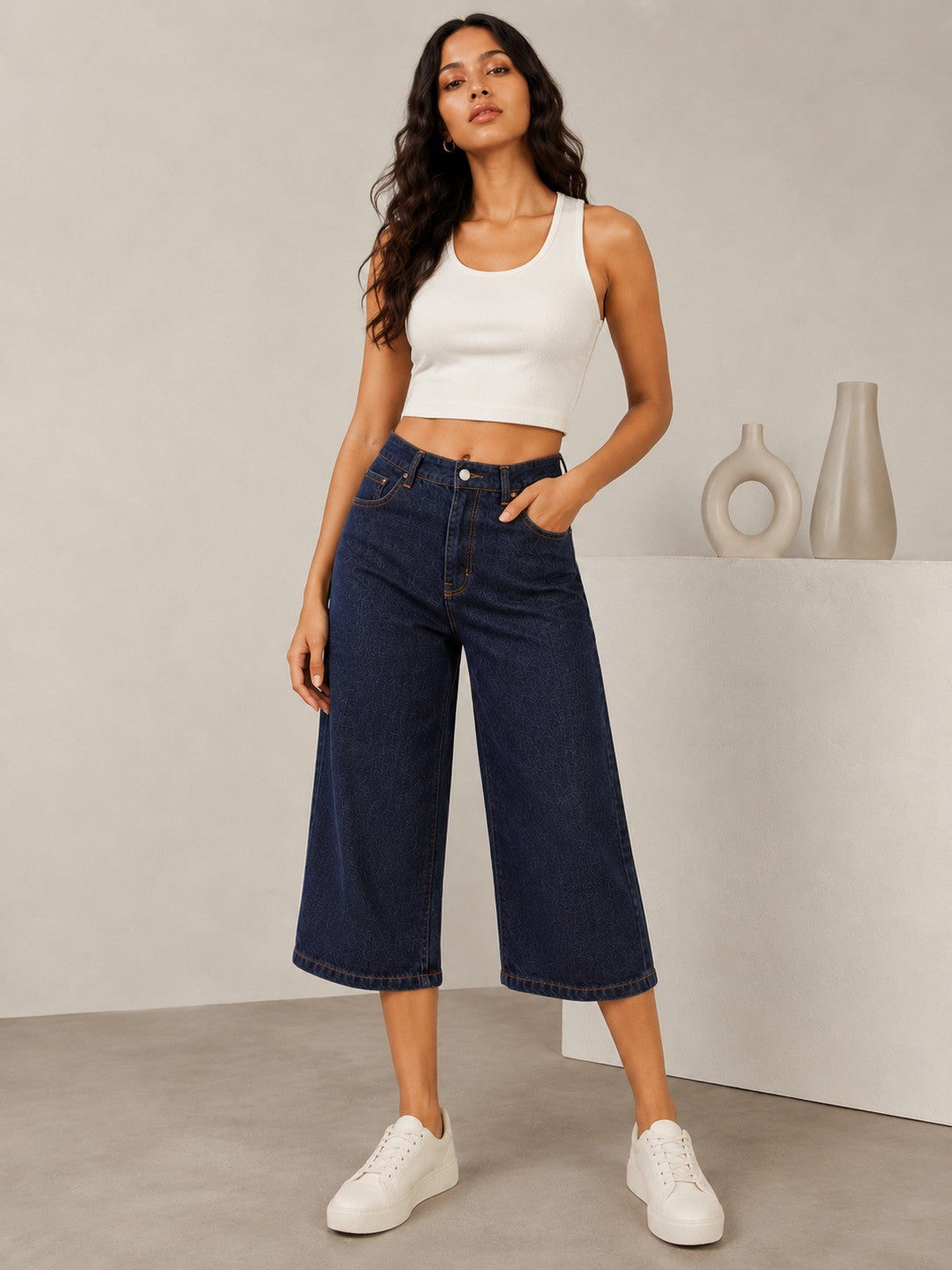 Women's Dark Blue Wide Leg Cropped Jeans