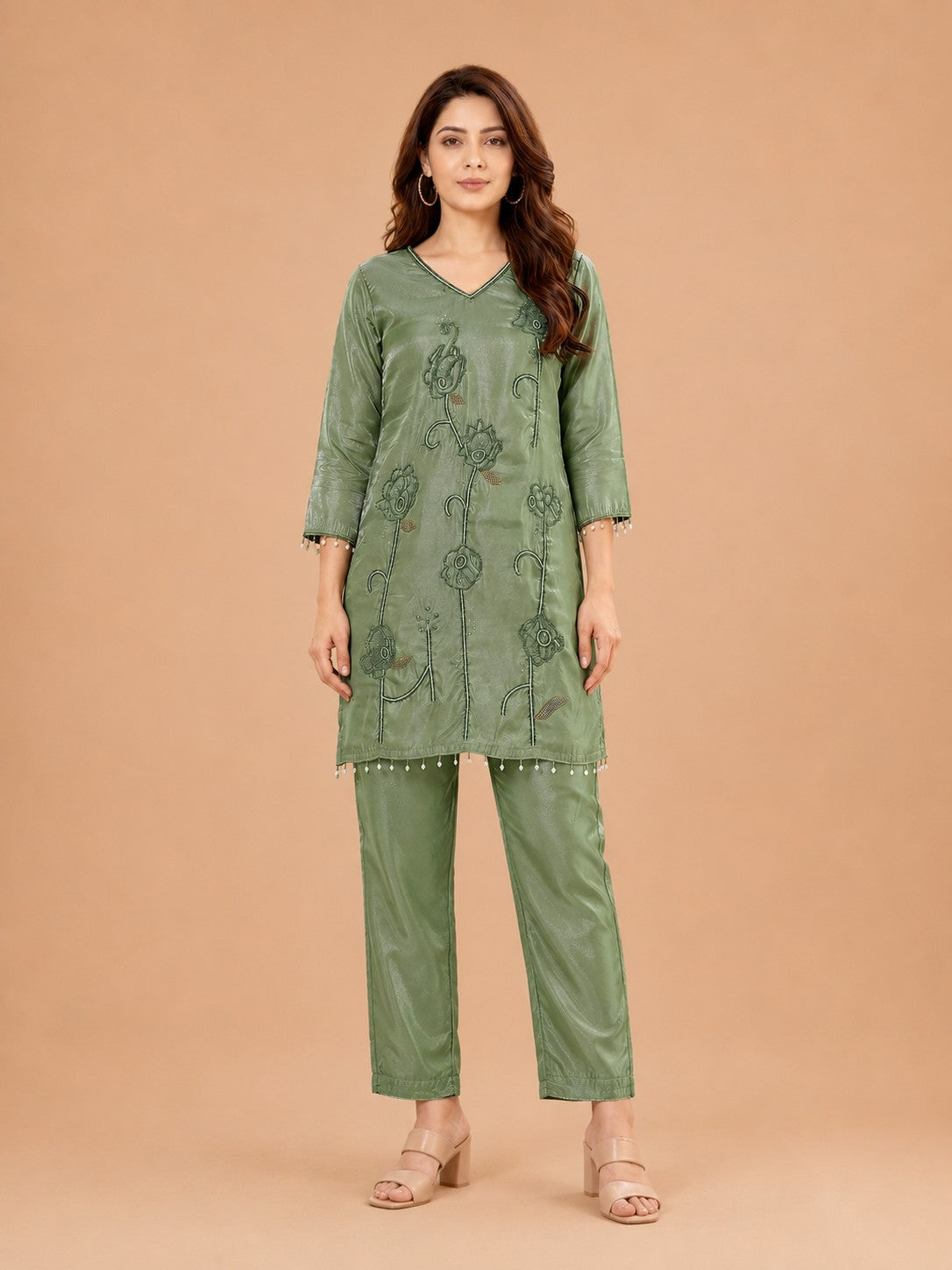 Women's Olive Green Embroidered Cordset
