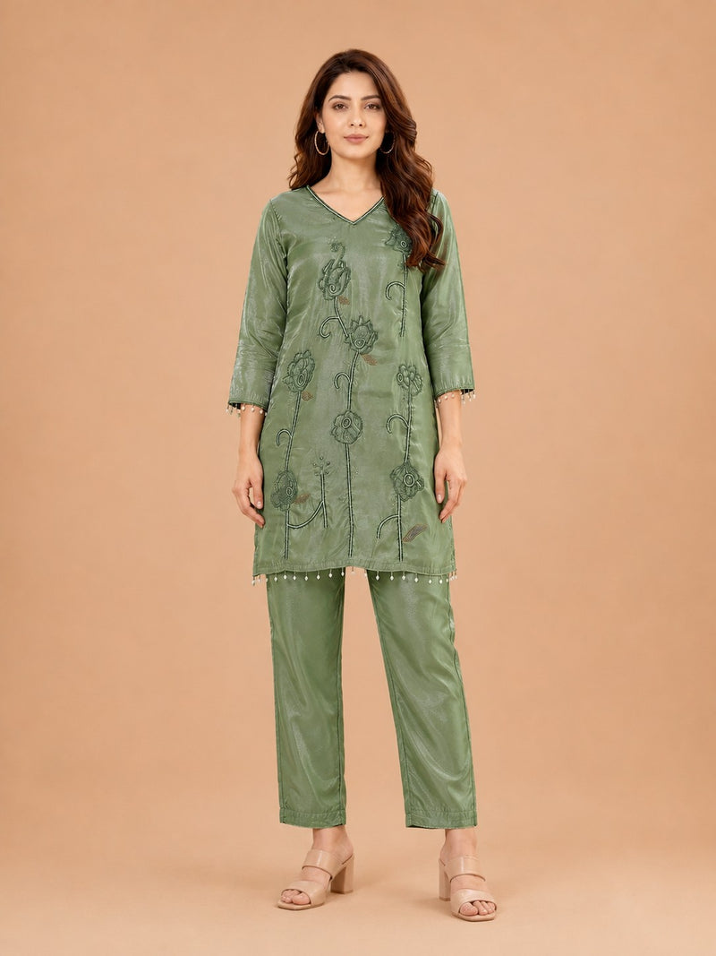 Women's Olive Green Embroidered Cordset