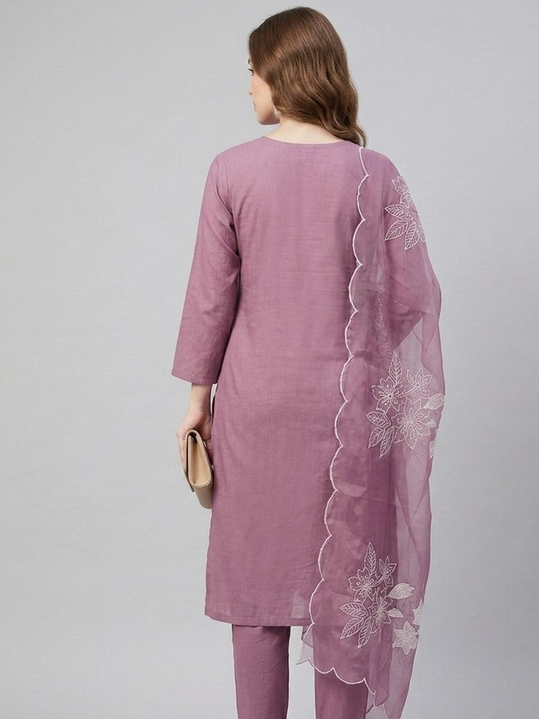 Women's Mauve Embroidered Cotton Kurta Pant Set with Organza Dupatta – Elegant Ethnic Suit Set