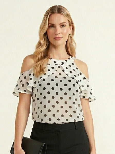 Polka Dot Cold Shoulder Ruffle Top