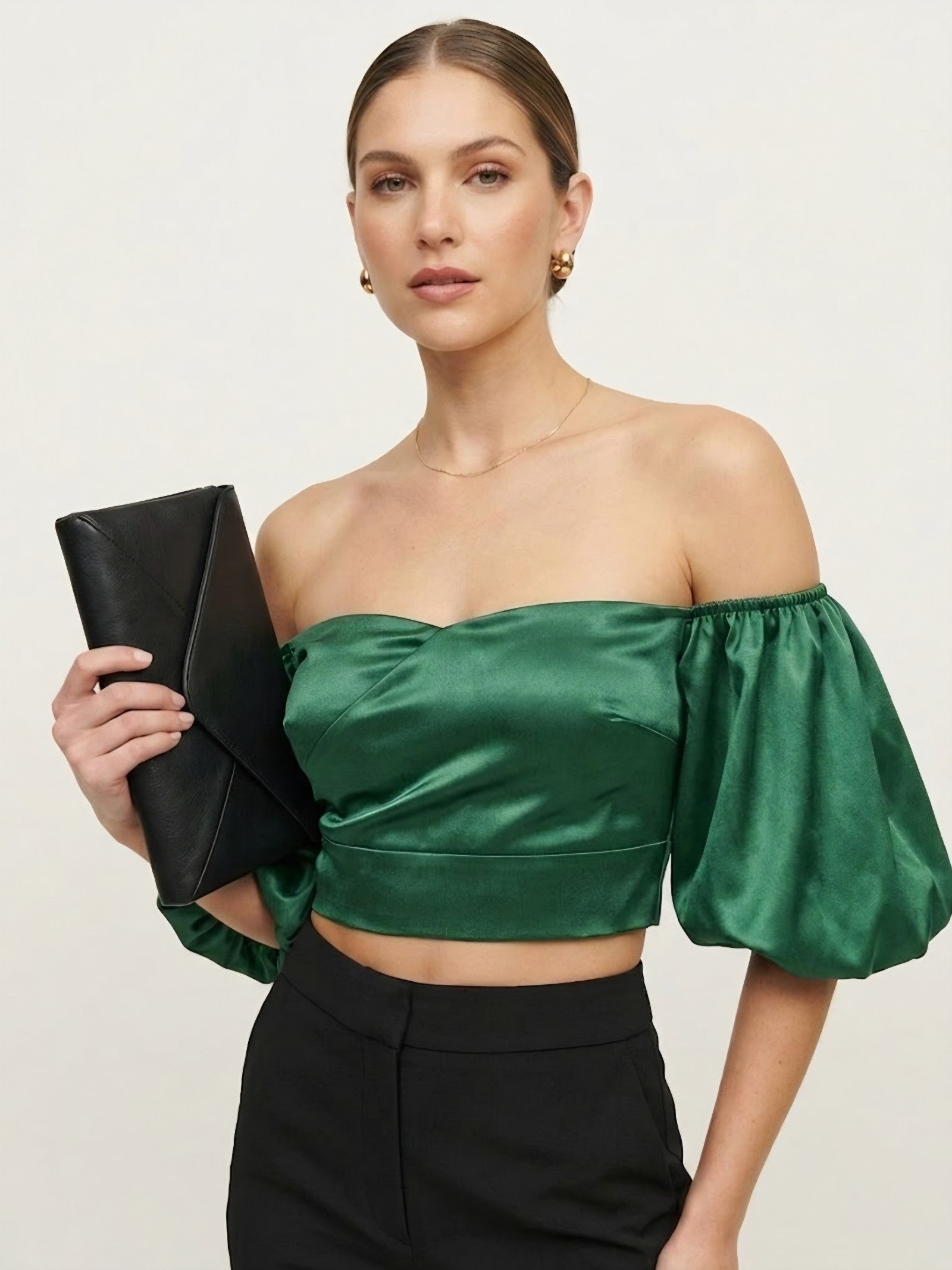 Emerald Green Satin Off Shoulder Crop Top