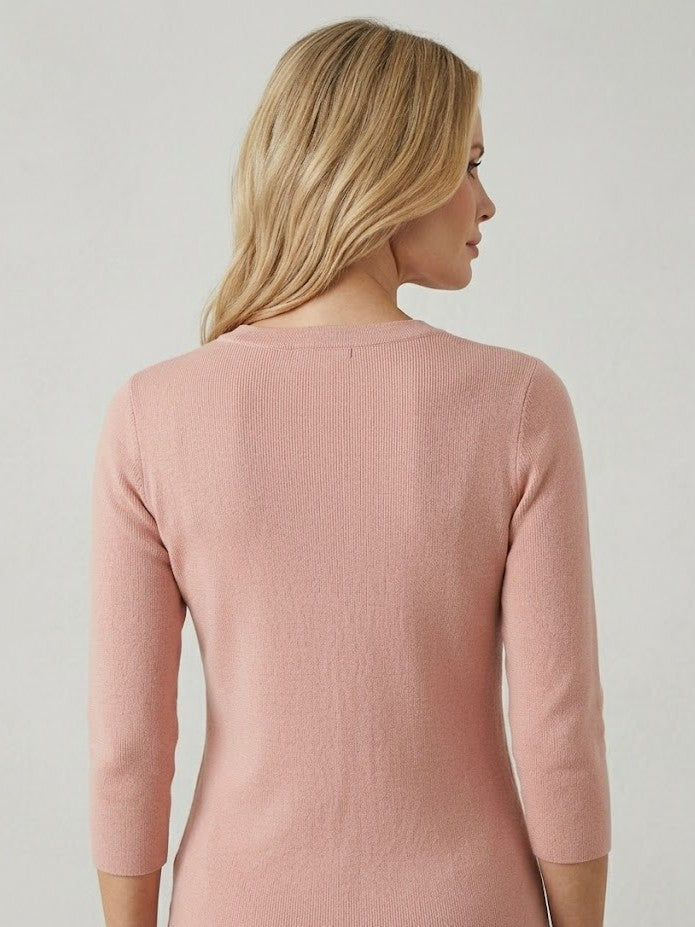 Women’s Blush Pink Floral Appliqué Knit Top – Elegant Round Neck Sweater