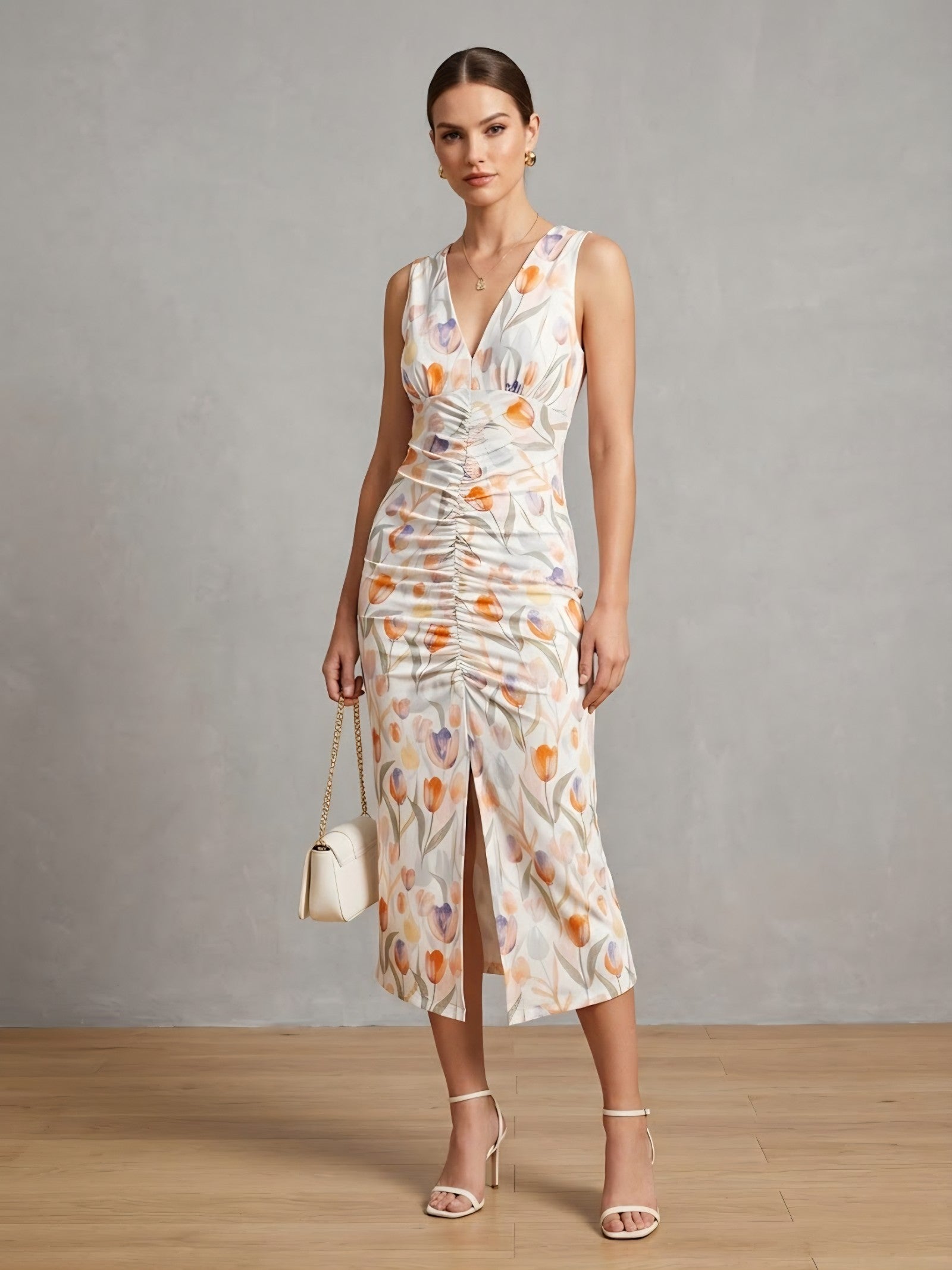 Floral Ruched Midi Dress One Piece