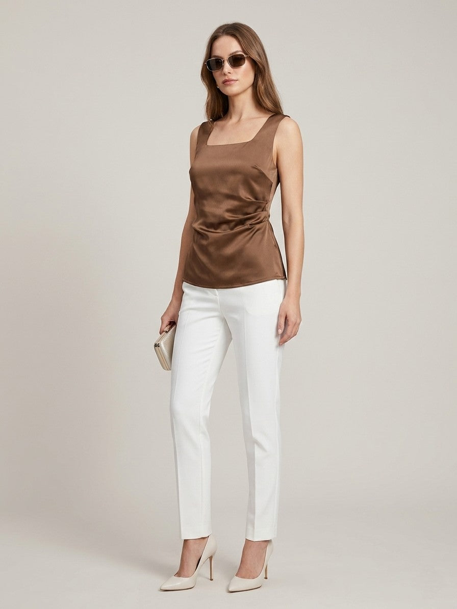 Women’s Chocolate Brown Satin Sleeveless Top – Elegant Square Neck Party Blouse