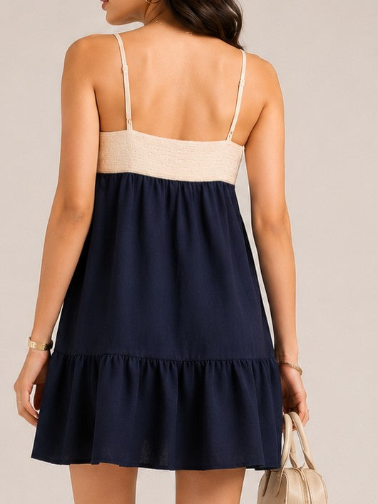 Navy Blue and Cream Sleeveless Regular Fit A-Line Mini Dress with Embroidered Bodice