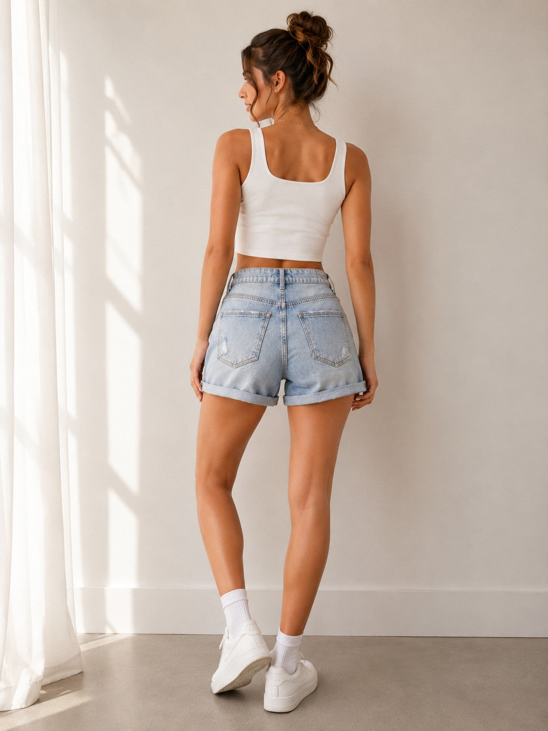 Women’s Light Wash Distressed Denim Shorts | High-Rise Rolled Hem Casual Summer Shorts