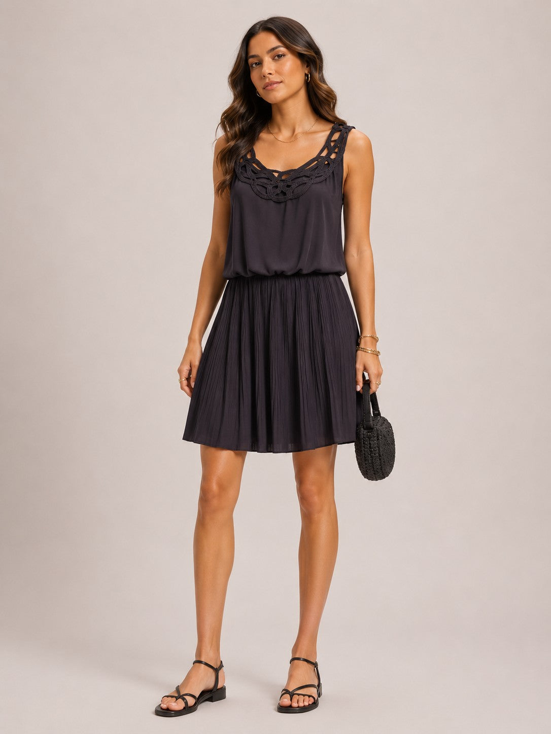 Women Dark Grey Sleeveless Scoop Neck Cut Out Detail Pleated Mini Dress
