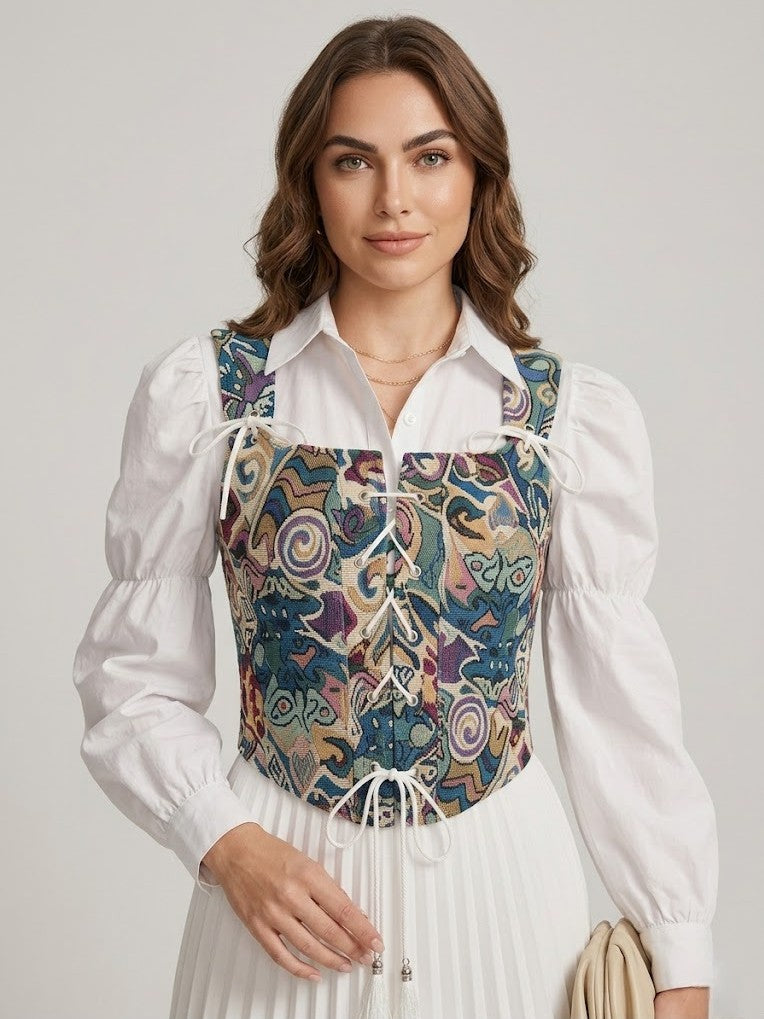 Abstract Print Lace-Up Corset Top