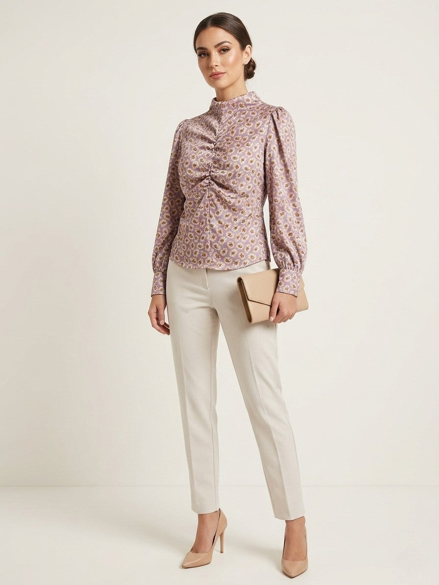 Floral Print High-Neck Ruched Blouse Top