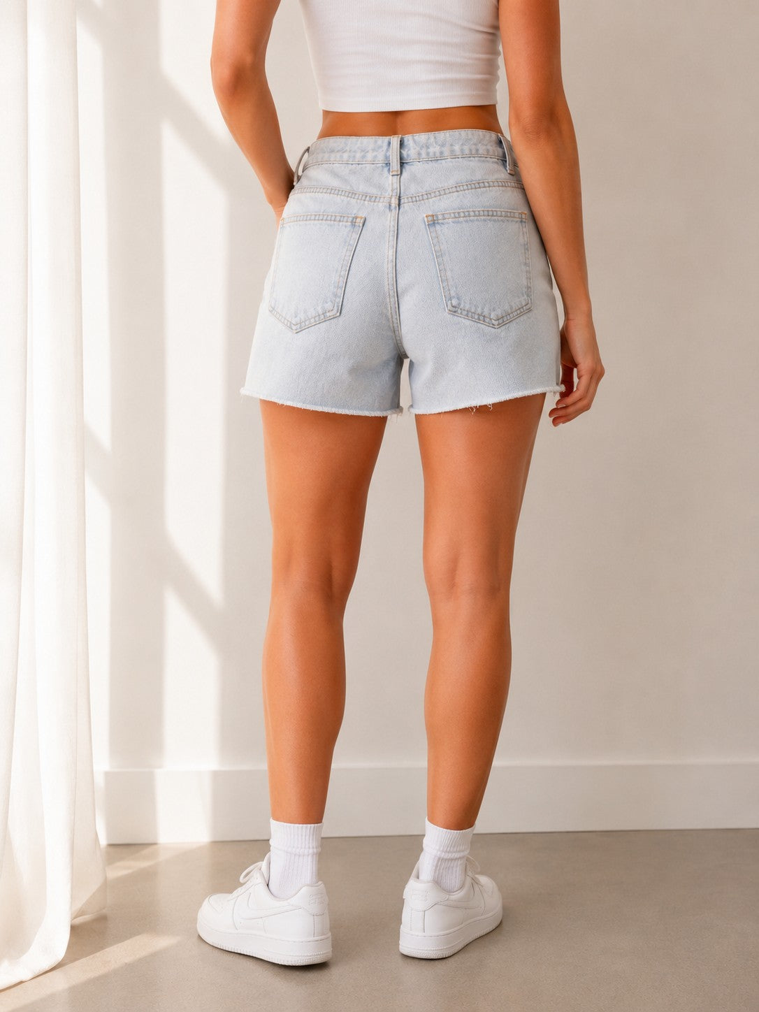 Women’s Light Blue High-Rise Denim Shorts | Raw Hem Casual Summer Jean Shorts