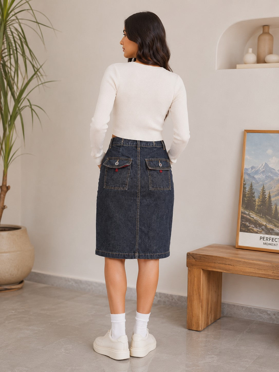 Women's Dark Wash Denim Midi Skirt