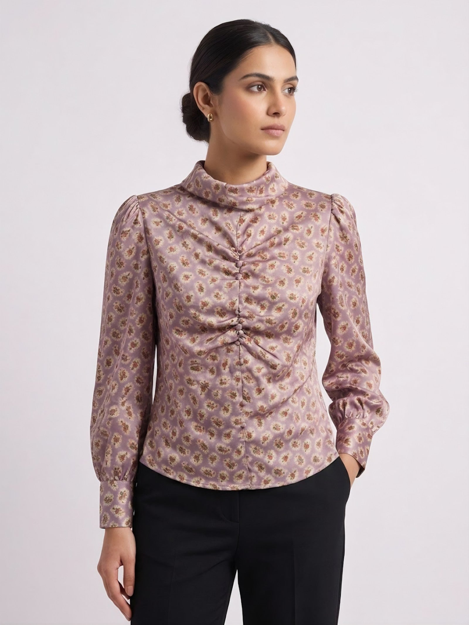 Floral Print High-Neck Ruched Blouse Top