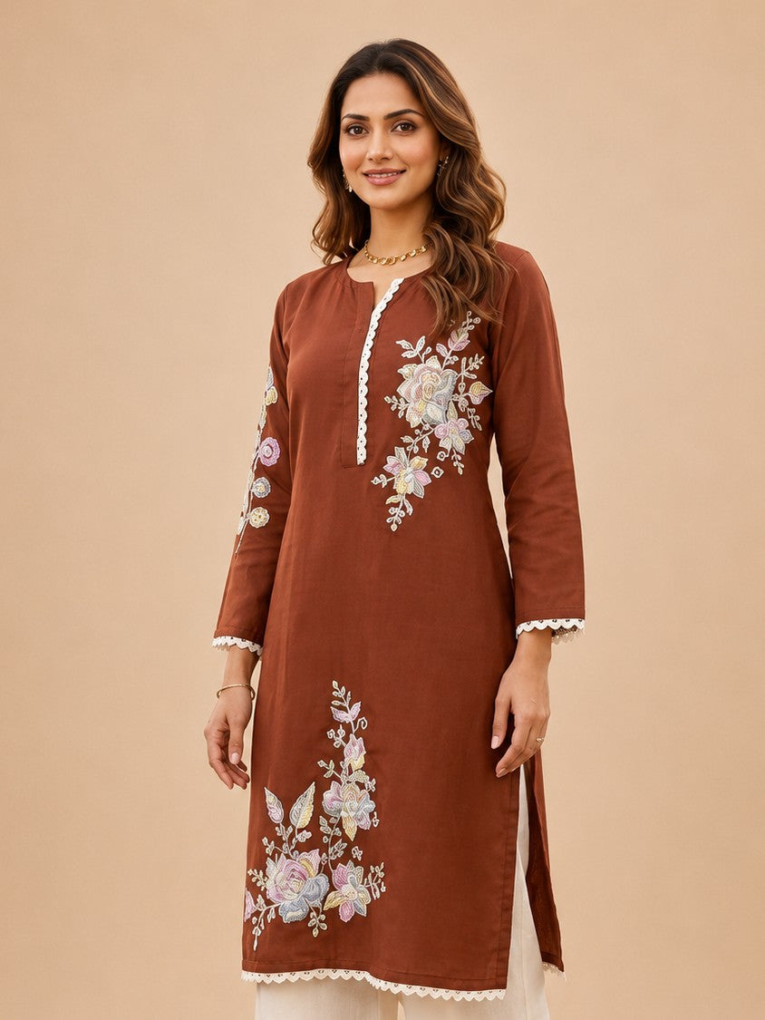 Women's Brown Floral Embroidered Cordset