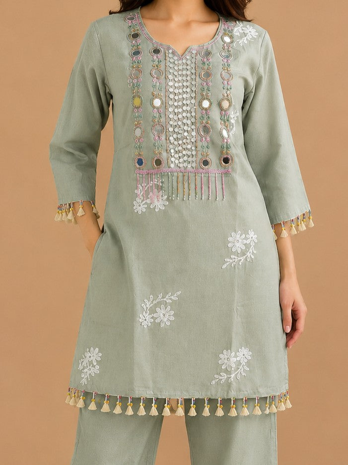 Women's Sage Green Mirror Embroidered Premium Co-ord Set