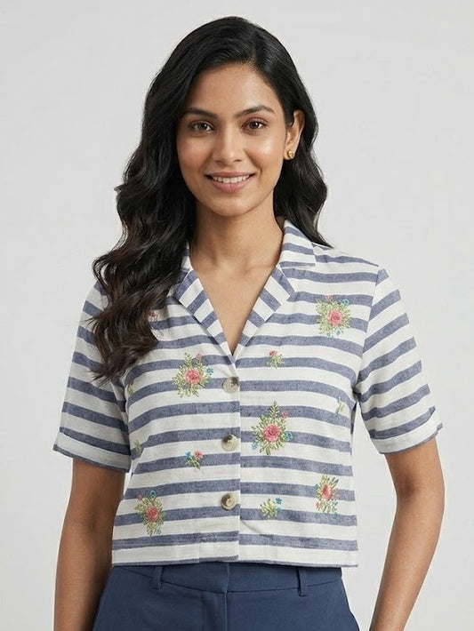 Striped Floral Embroidered Crop Shirt