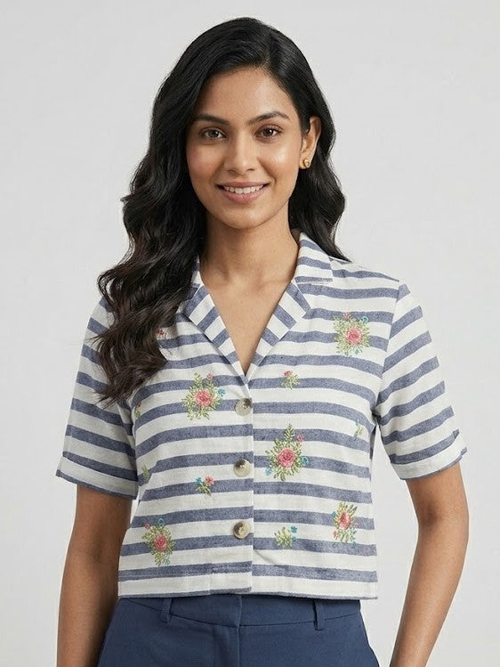 Striped Floral Embroidered Crop Shirt