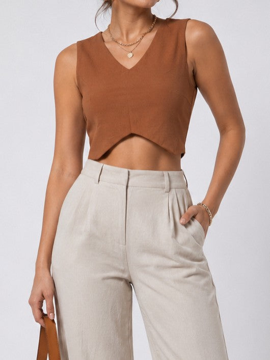 Women Brown Sleeveless V-Neck Asymmetric Hem Crop Top
