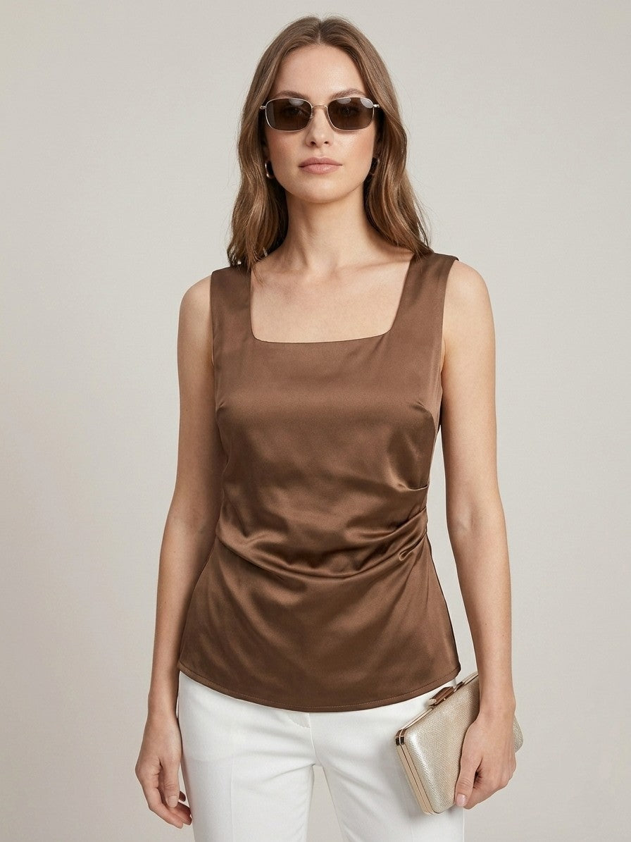 Women’s Chocolate Brown Satin Sleeveless Top – Elegant Square Neck Party Blouse