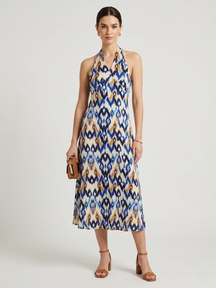 Blue & Beige Ikat Print Halter Neck Midi Dress One Piece