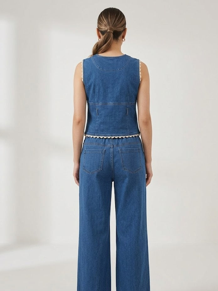 Women’s Blue Denim Co-Ord Set with Sleeveless Button-Down Top & Wide-Leg Jeans
