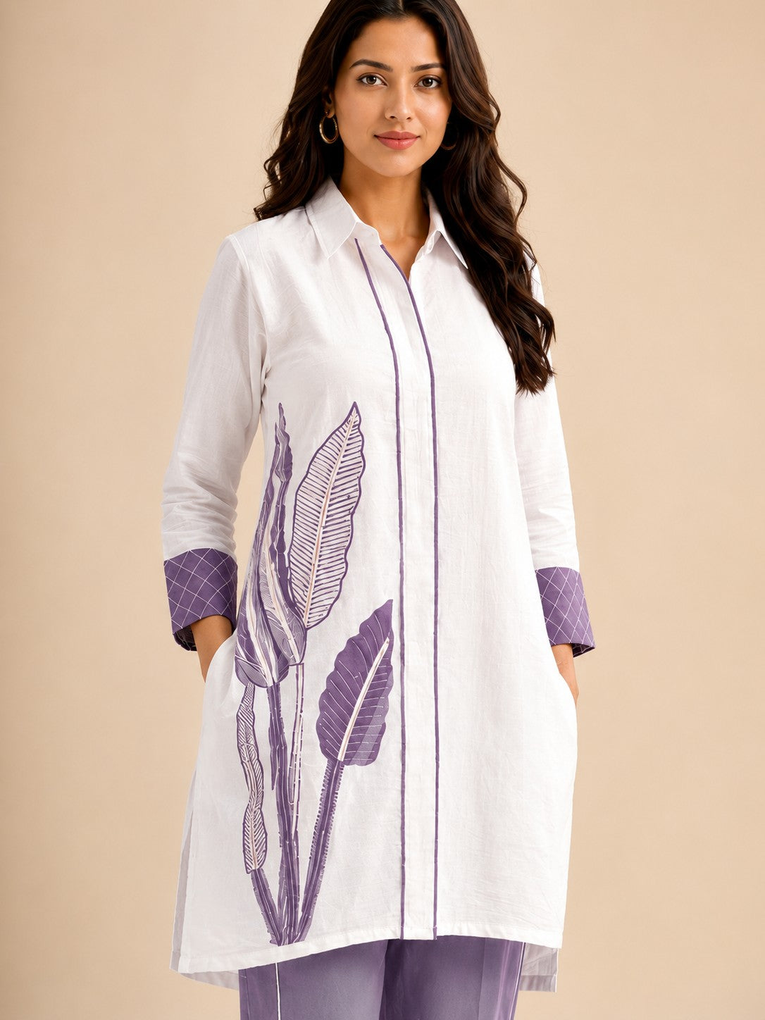 Women's White & Lavender Printed Premium Co-ord Set