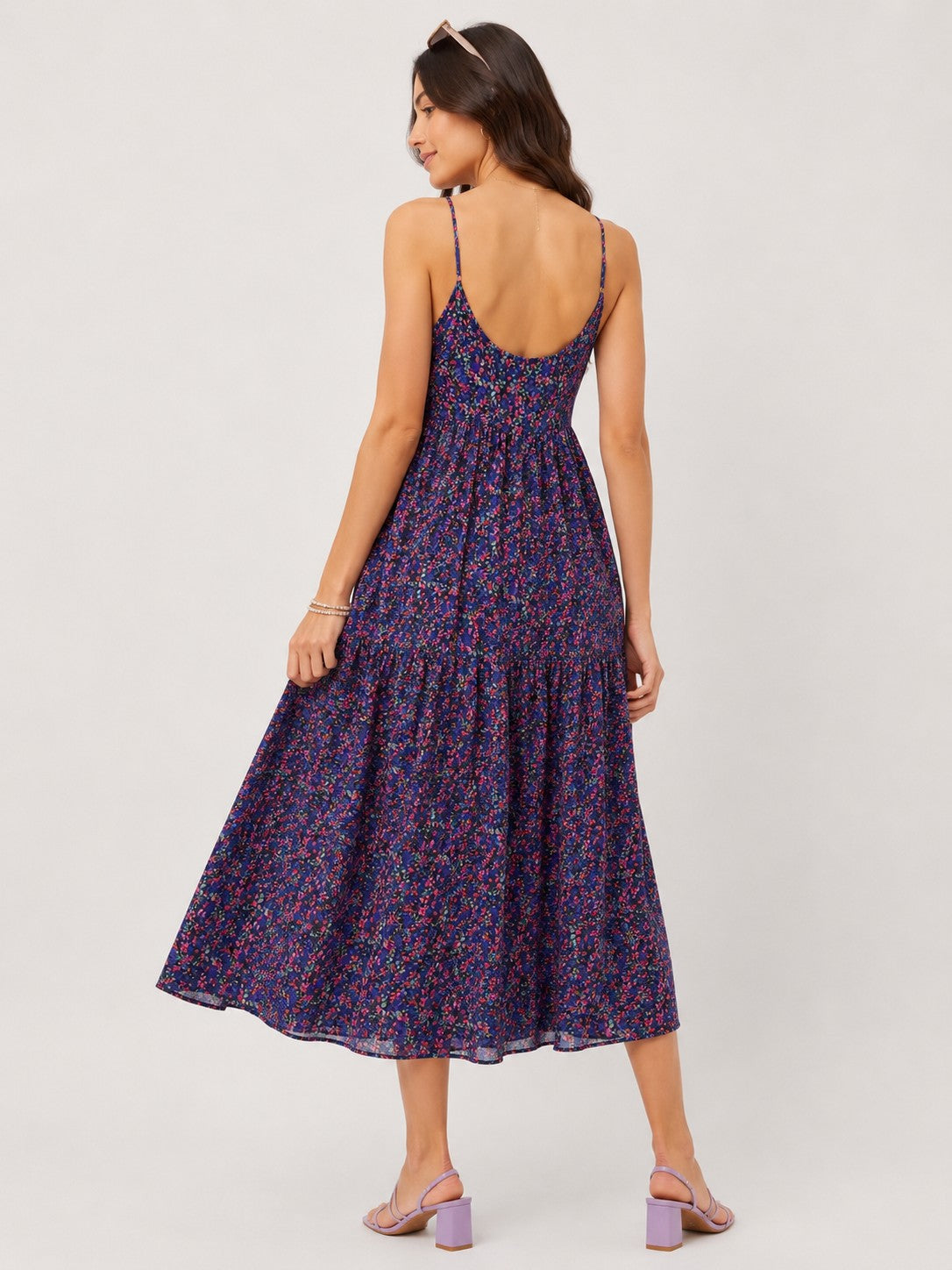 Women Blue Ditsy Floral Print Sleeveless Pleated Midi Dress