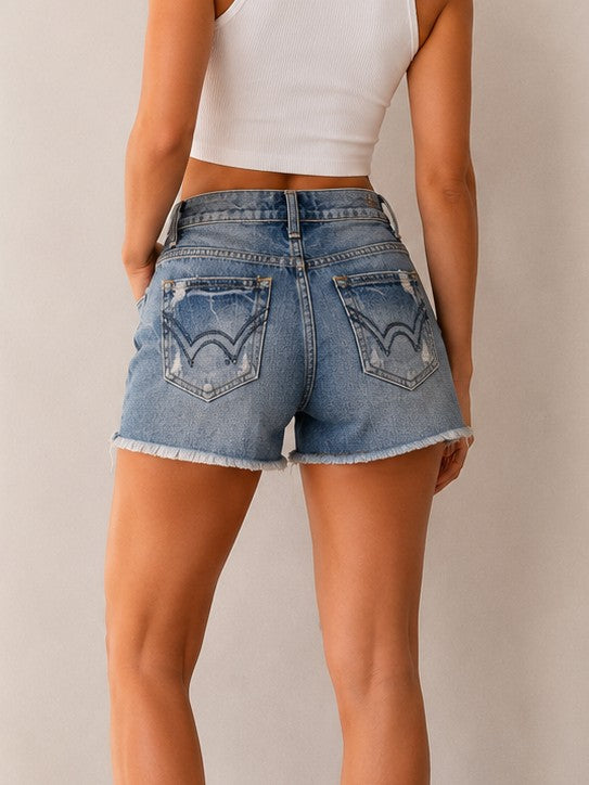 Women’s Light Blue High-Rise Denim Shorts | Casual Washed Frayed Hem Summer Shorts