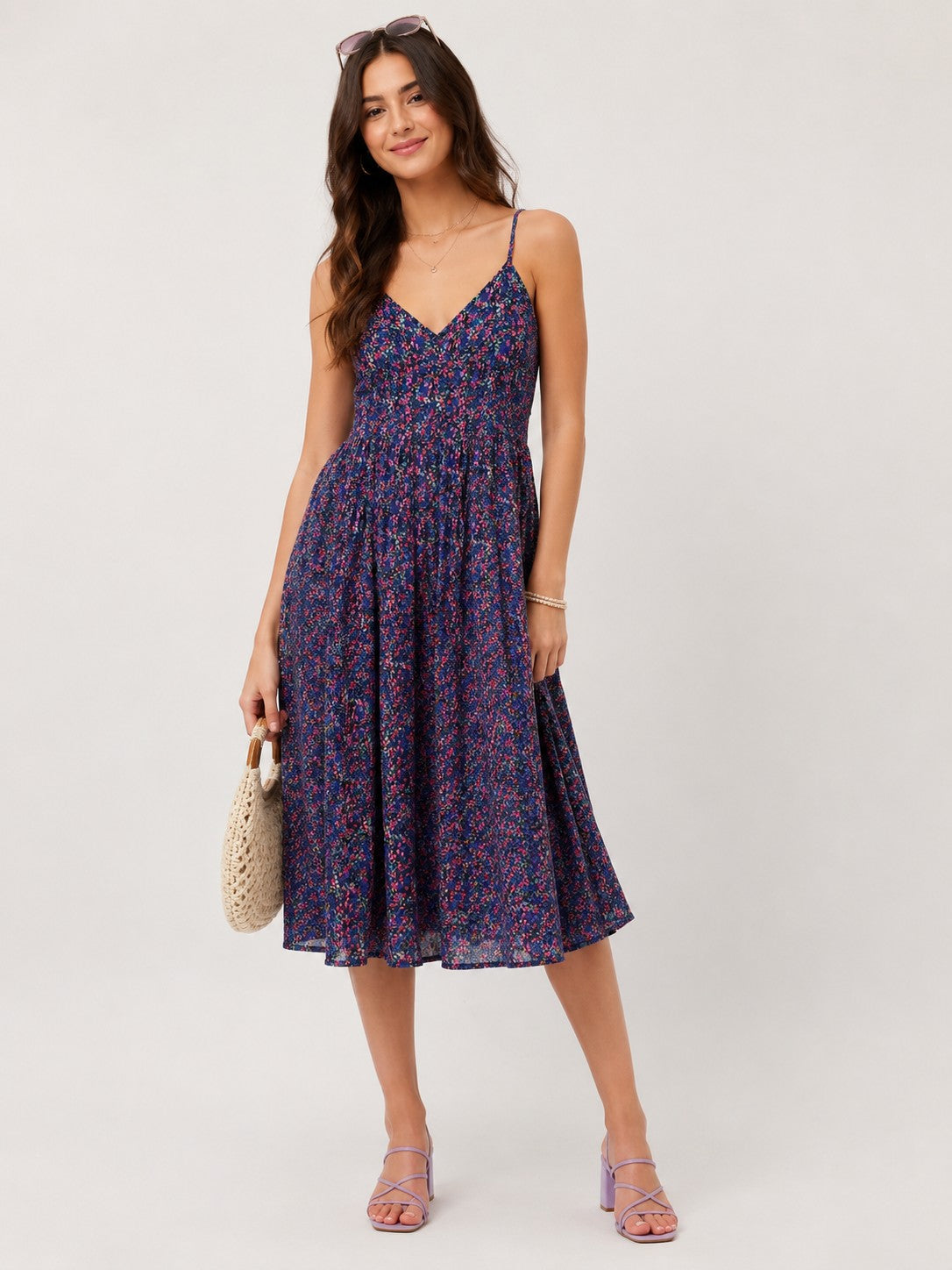 Women Blue Ditsy Floral Print Sleeveless Pleated Midi Dress
