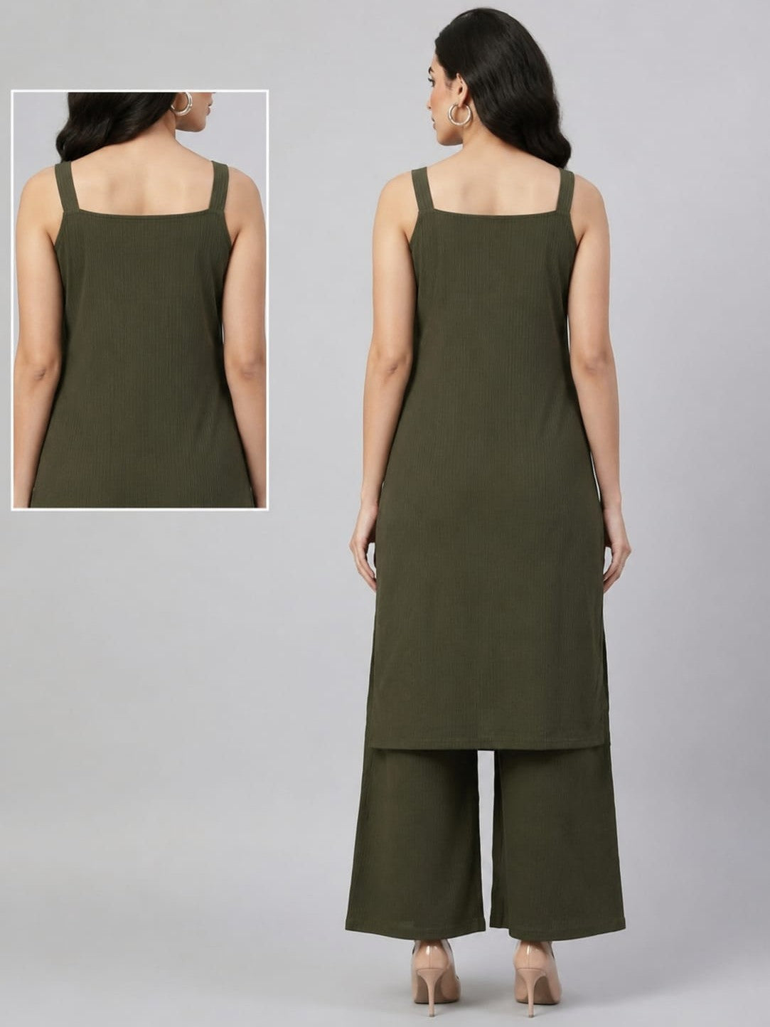 Women's Olive Green Embroidered Kurta with Palazzo Pants Co-Ord Set – Sleeveless Ethnic Wear