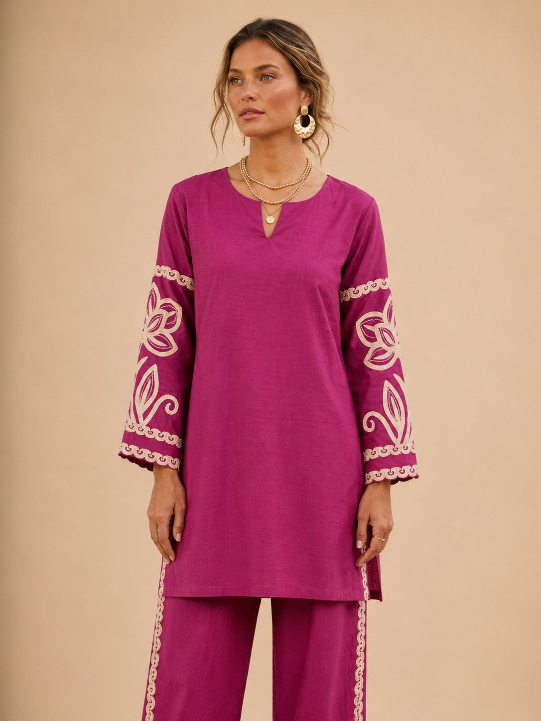 Women's Magenta Embroidered Premium Co-ord Set