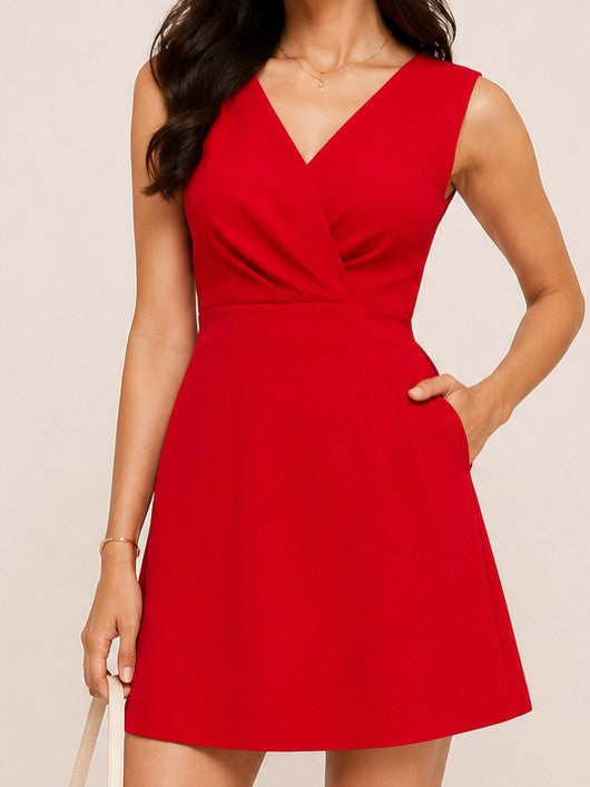 Women Red Sleeveless Surplice V-Neck A-Line Mini Dress