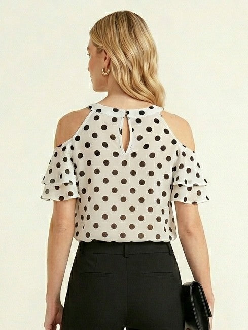 Polka Dot Cold Shoulder Ruffle Top