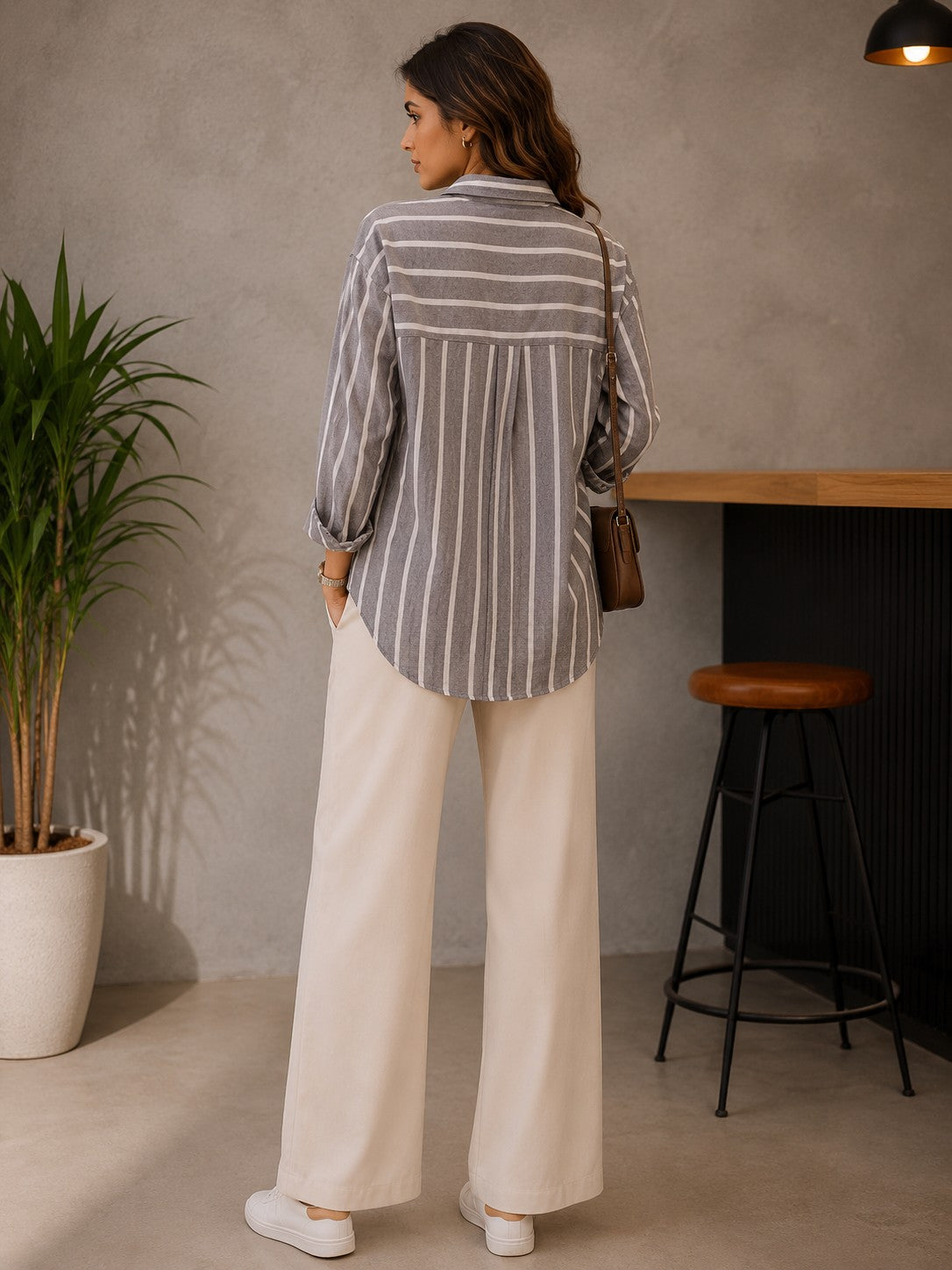 Women's Grey Striped Graphic Print Casual Shirt