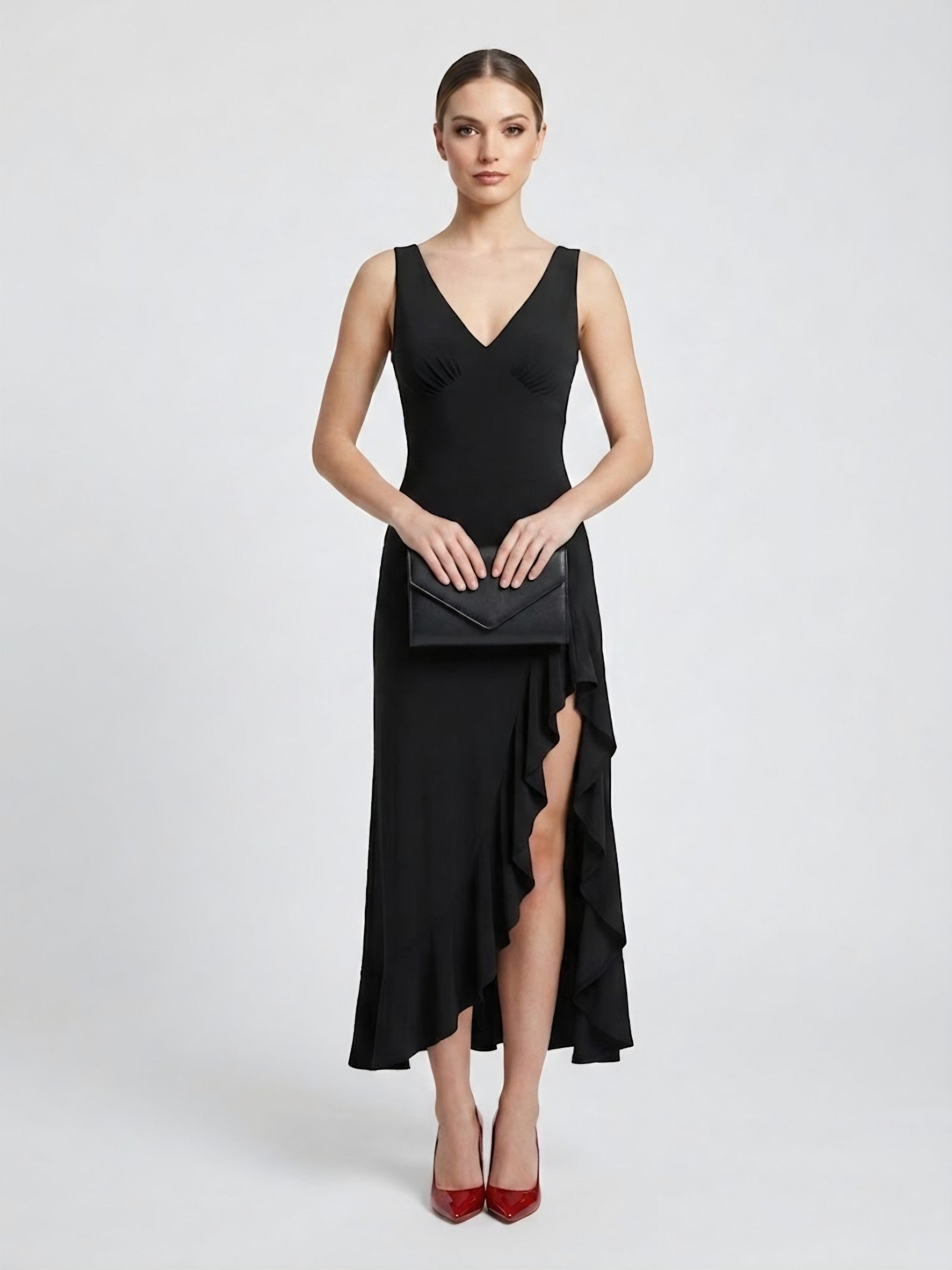 Ruffle-Hem Evening Midi Dress One Piece