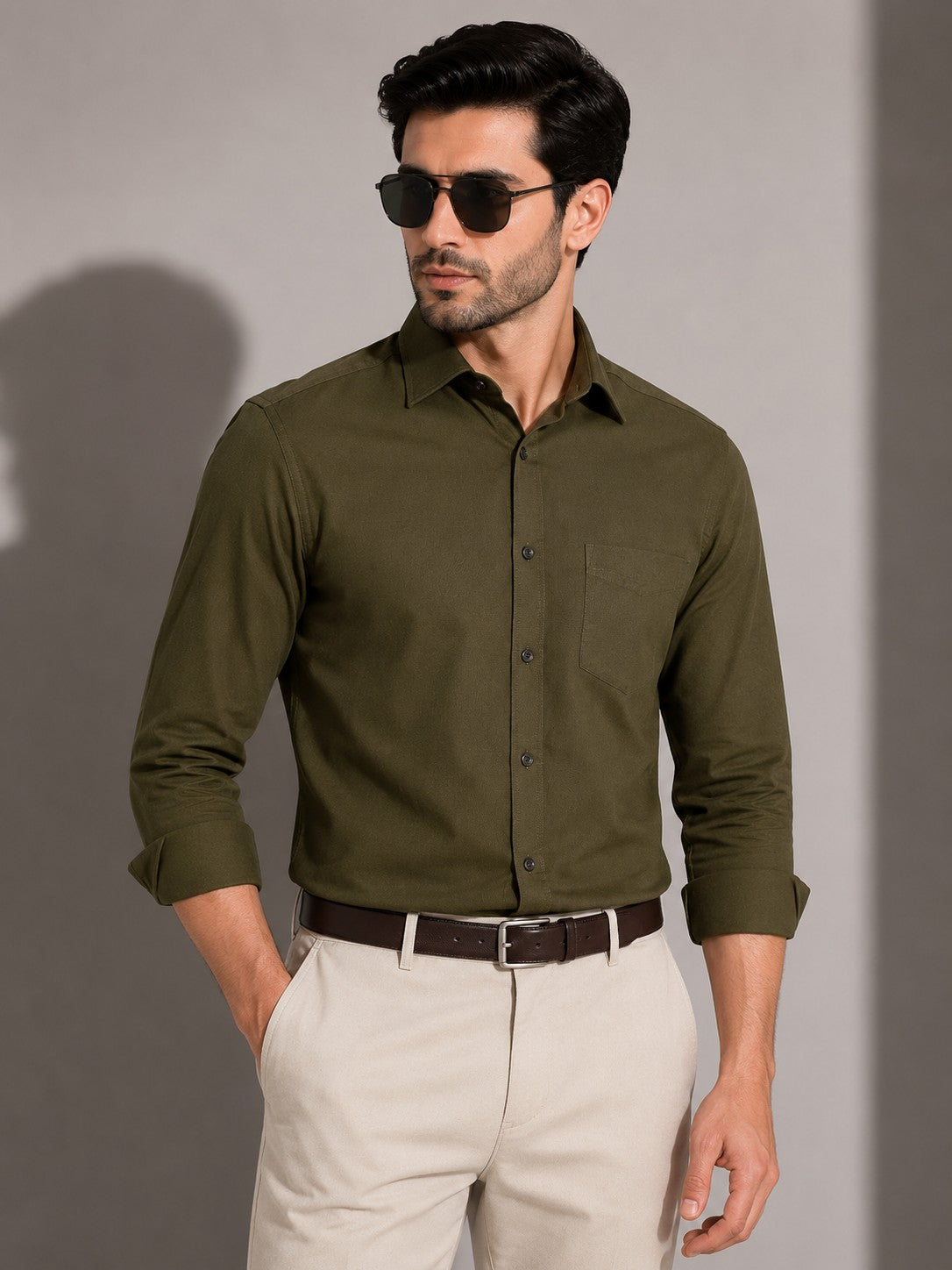 Olive Green Minimalist Full-Sleeve Shirt