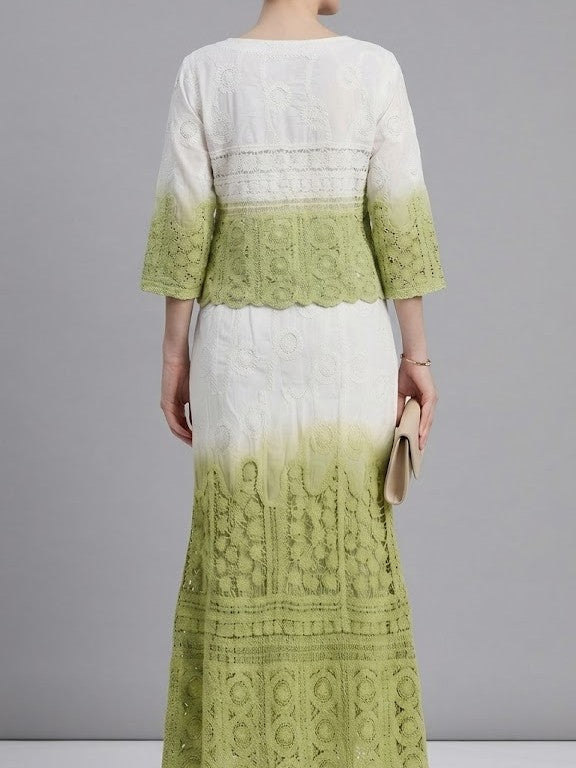 Women’s White & Lime Green Ombre Crochet Lace Co-Ord Set with Maxi Skirt