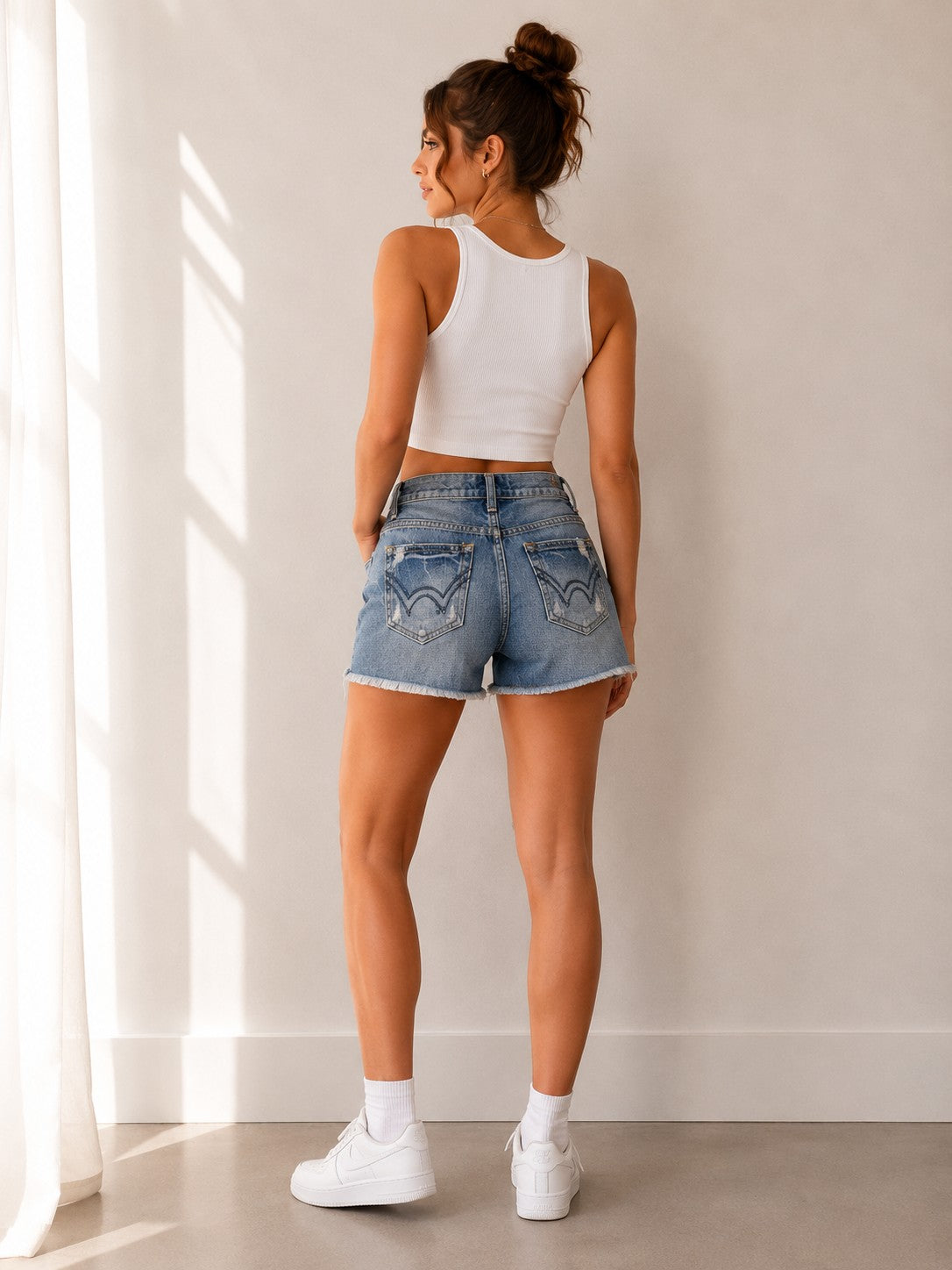 Women’s Light Blue High-Rise Denim Shorts | Casual Washed Frayed Hem Summer Shorts